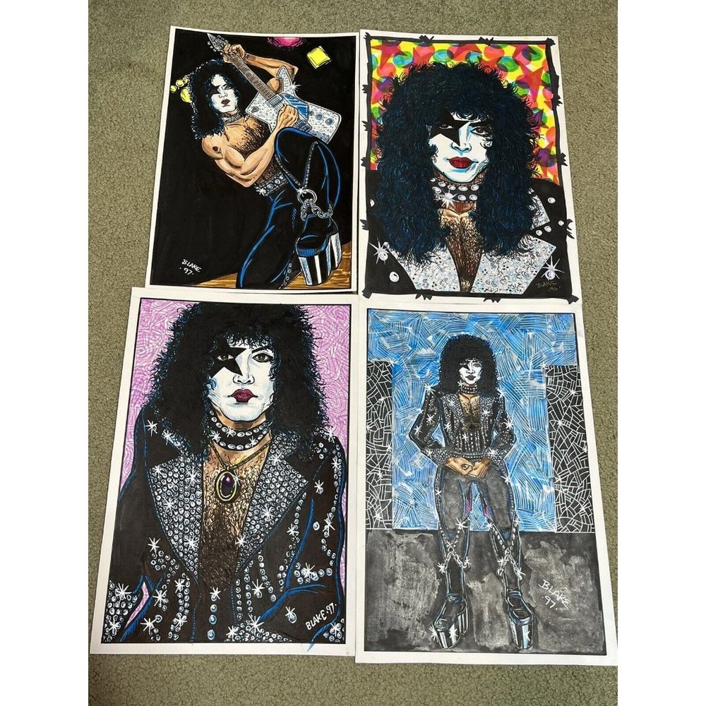 4 Larry Blake HAND PAINTED 16” X 11” ORIGINAL KISS Art 1997 Paul Stanley Comic